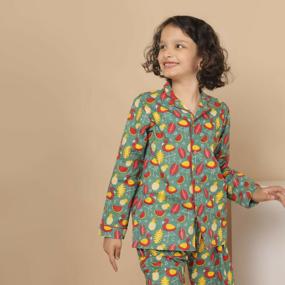 Breathables Kids Cotton Watermelon & Pineapple Print Night Suit – Green Full Sleeves Shirt & Pant Co-Ord Set | Nightwear | Grocsy