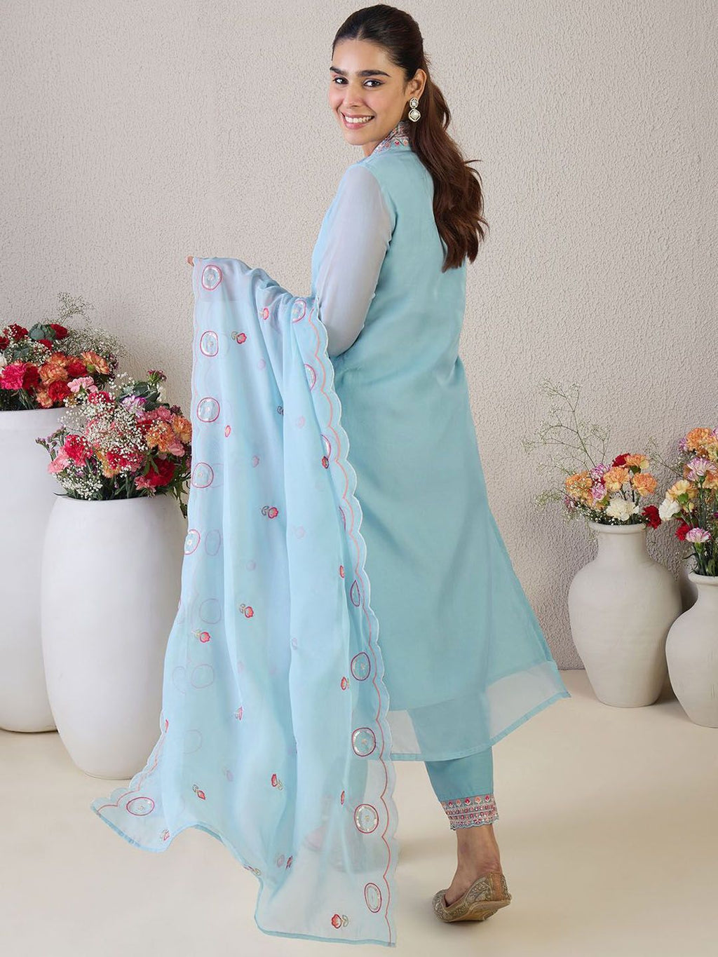 Indo Era Floral Embroidered V-Neck Thread Work Straight Kurta & Trousers & Dupatta | Grocsy