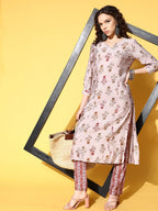 All About You Women Amusing Taupe Ethnic Motifs Print Parade Kurta with Trousers | Grocsy
