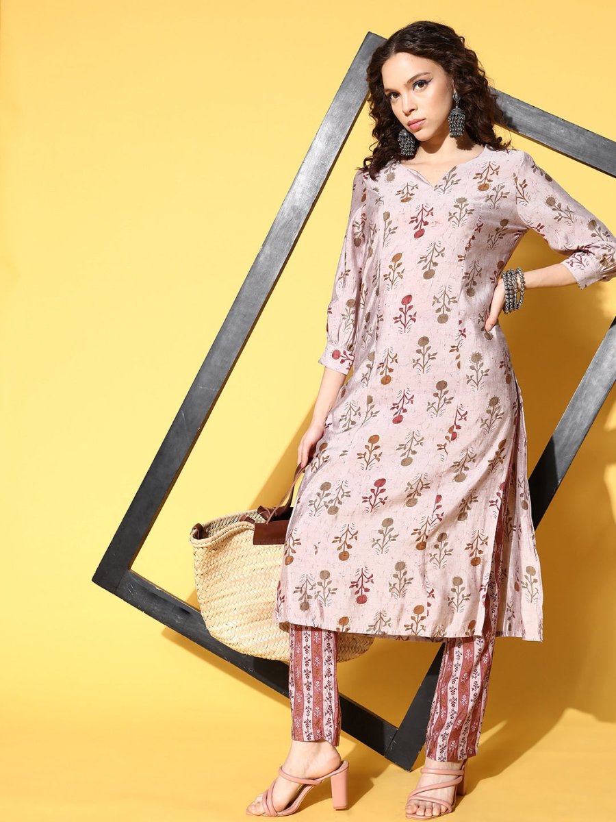 All About You Women Amusing Taupe Ethnic Motifs Print Parade Kurta with Trousers | Grocsy