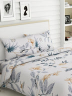 haus & kinder White & Grey Floral 186 TC Pure Cotton King Bedsheet & 2 Pillow Covers | Grocsy