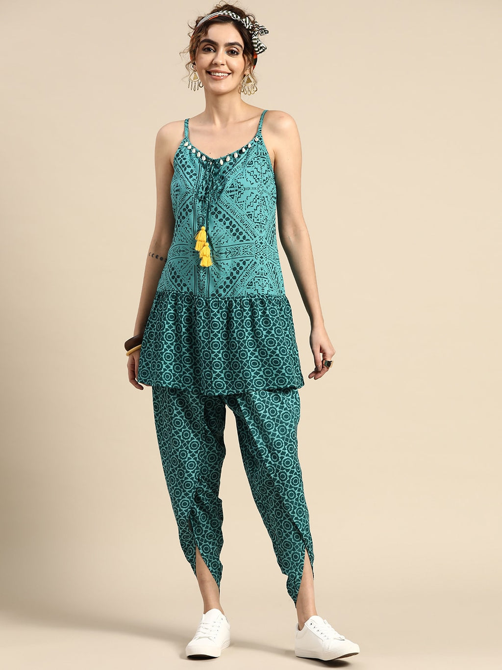 Sangria Printed Shoulder Straps A-Line Kurti with Dhoti Pants | Grocsy