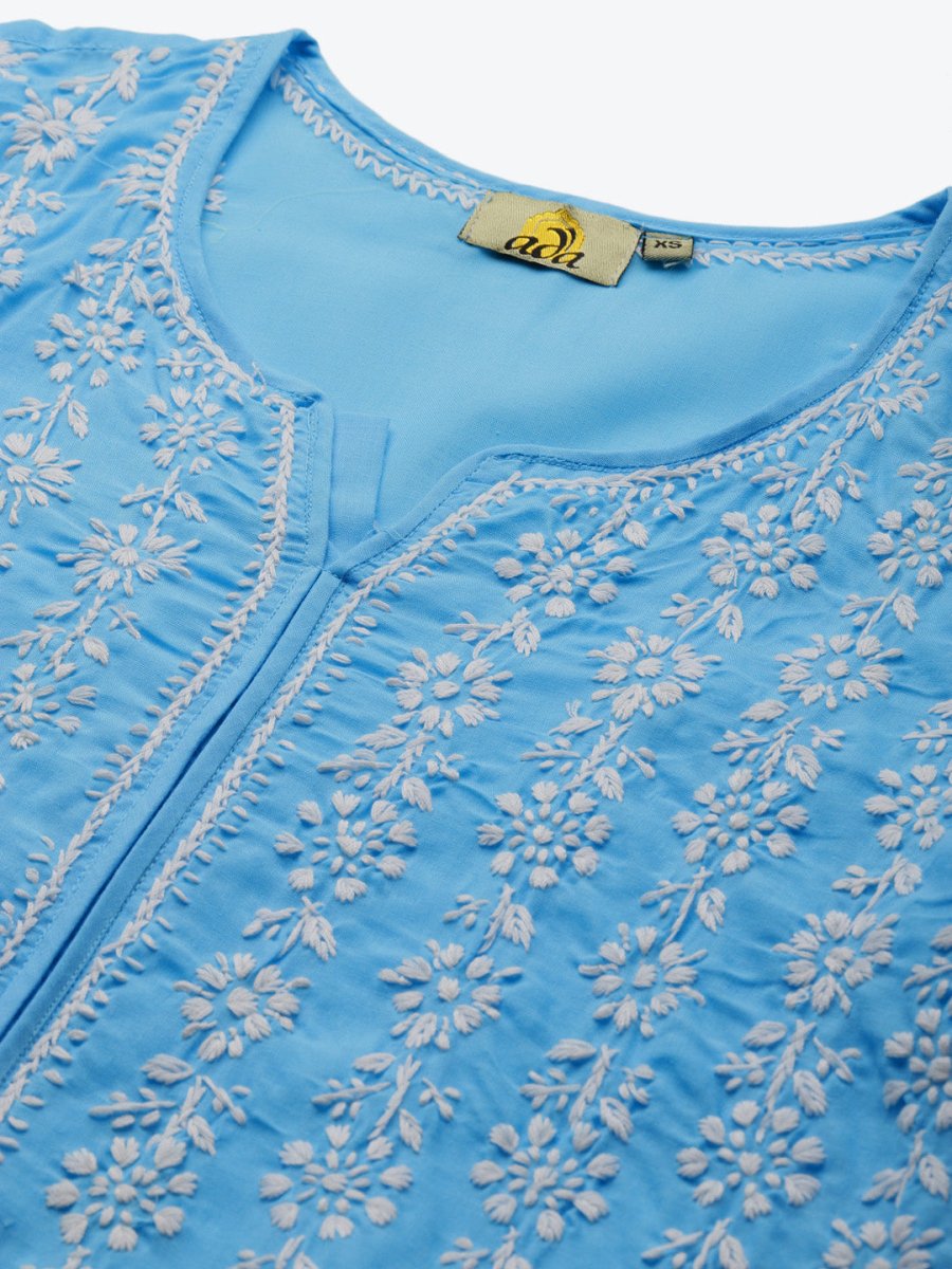 ADA Women Blue & White Ethnic Motifs Hand Embroidered Chikankari Handloom Kurta | Grocsy