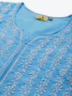 ADA Women Blue & White Ethnic Motifs Hand Embroidered Chikankari Handloom Kurta | Grocsy