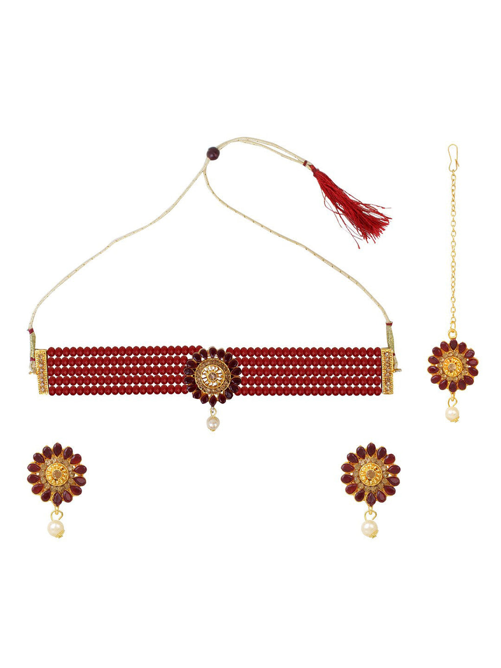 Cardinal Gold-Polished Maroon Onyx-Studded & Beaded Jewellery Set | Grocsy