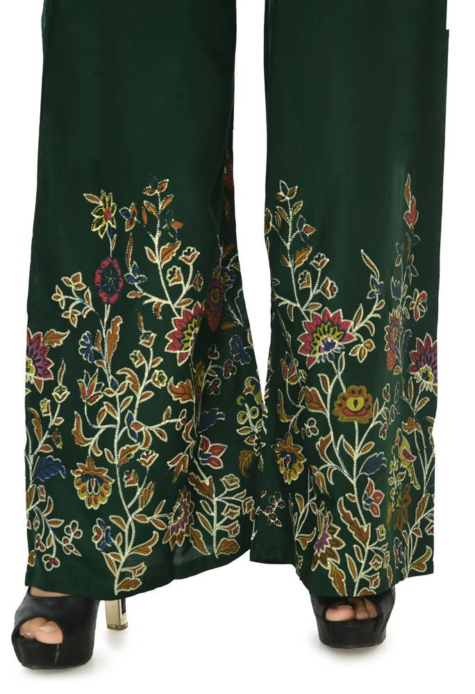 Mominos Fashion Moeza Reyon Cotton Bottle Green Floral Palazzo | Grocsy