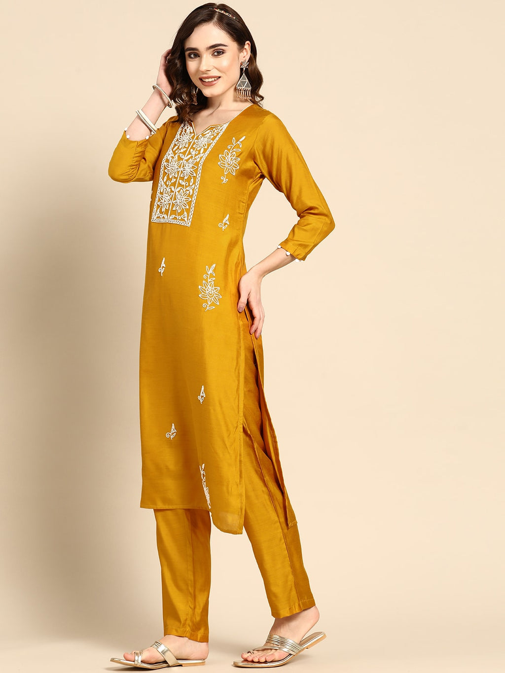 Sangria Women Mustard Yellow & White Embellished Beaded Kurta with Trousers & Dupatta | Grocsy