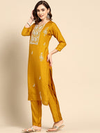 Sangria Women Mustard Yellow & White Embellished Beaded Kurta with Trousers & Dupatta | Grocsy