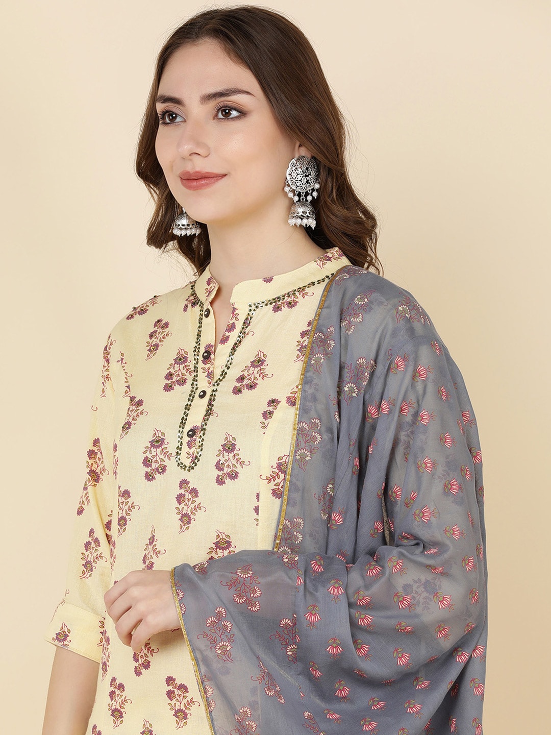 HERE&NOW Women Mustard Yellow Ethnic Motifs Printed Kurta with Trousers & With Dupatta | Grocsy