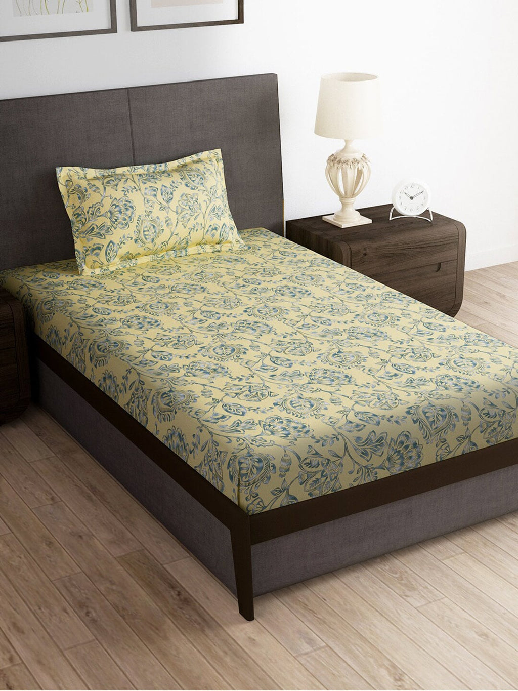 Story@home Cream-Coloured & Grey Floral Microfiber 180 TC Bedsheet & Pillow Cover | Grocsy