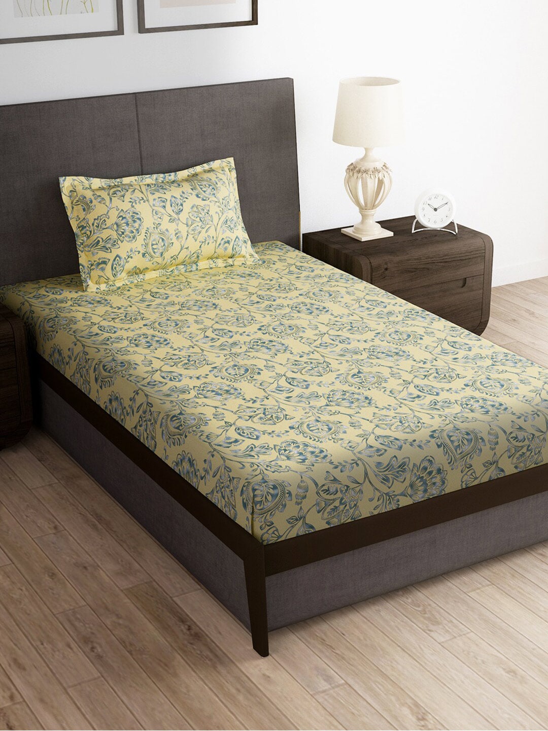 Story@home Cream-Coloured & Grey Floral Microfiber 180 TC Bedsheet & Pillow Cover | Grocsy