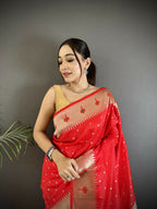 Joban Fashion Red Peacock & Floral Motifs Soft Lichi Silk Kanchipuram Saree | Grocsy