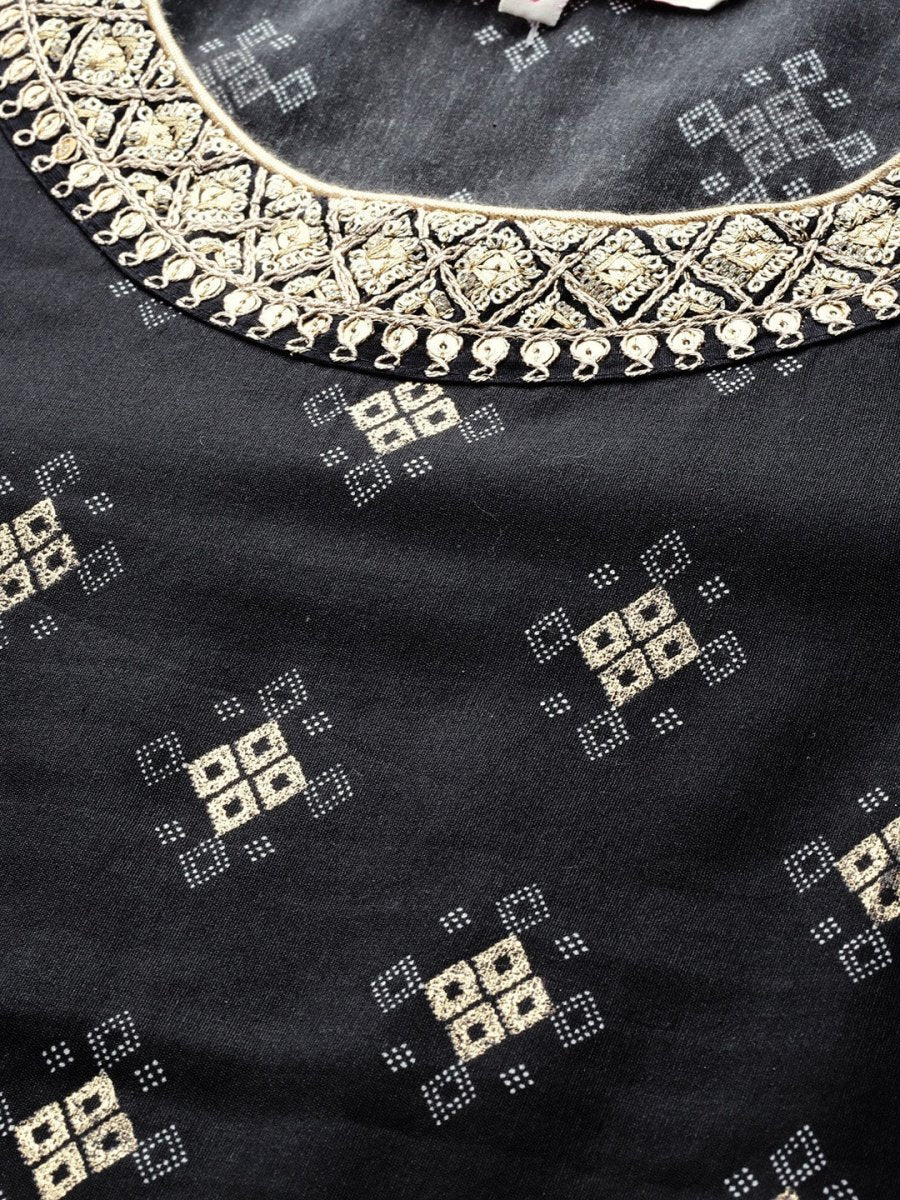 All About You Women Black & Golden Printed Sequinned Kurta with Trousers | Grocsy