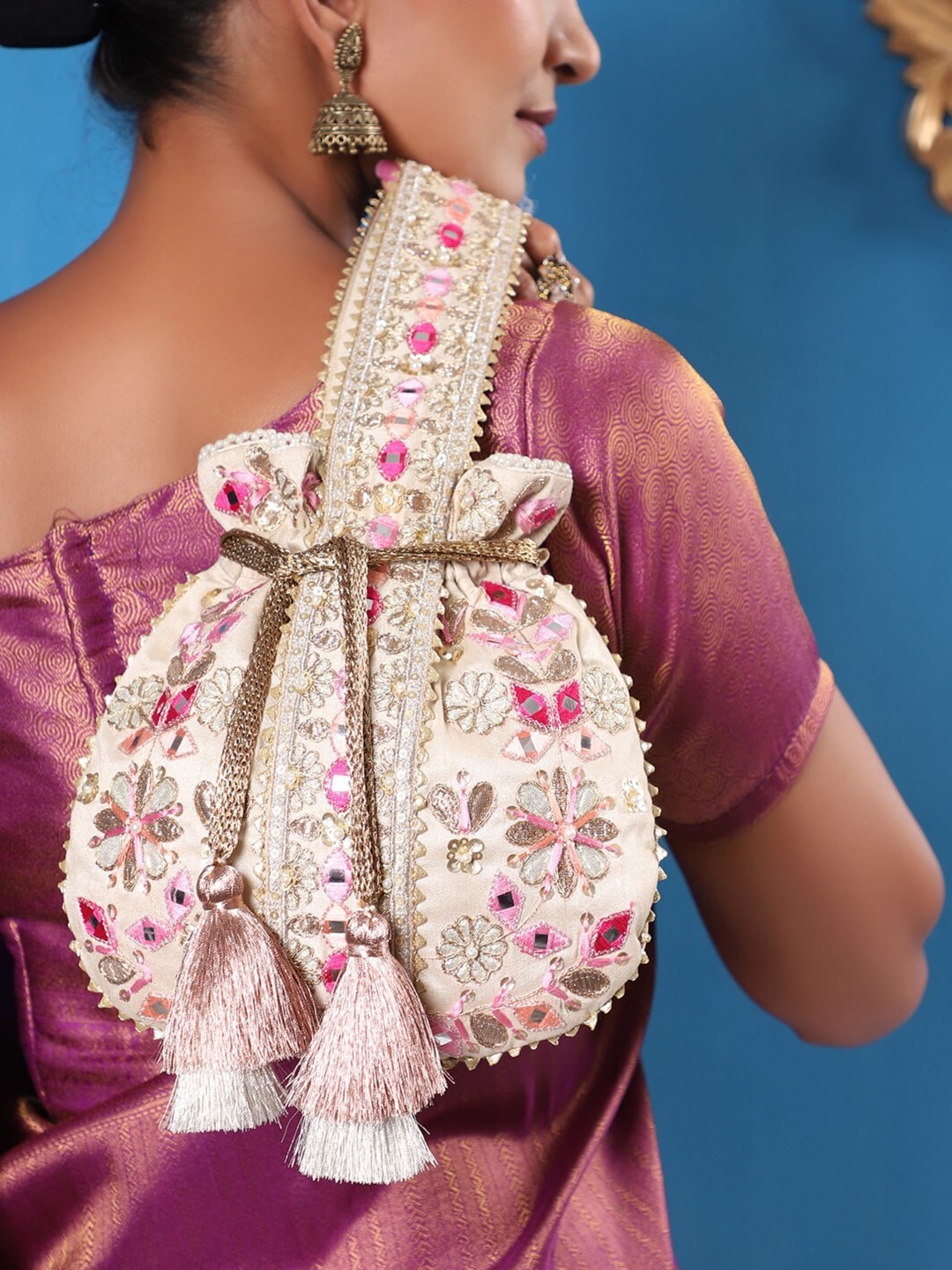 Masq Beige & Pink Embroidered Potli Clutch | Grocsy