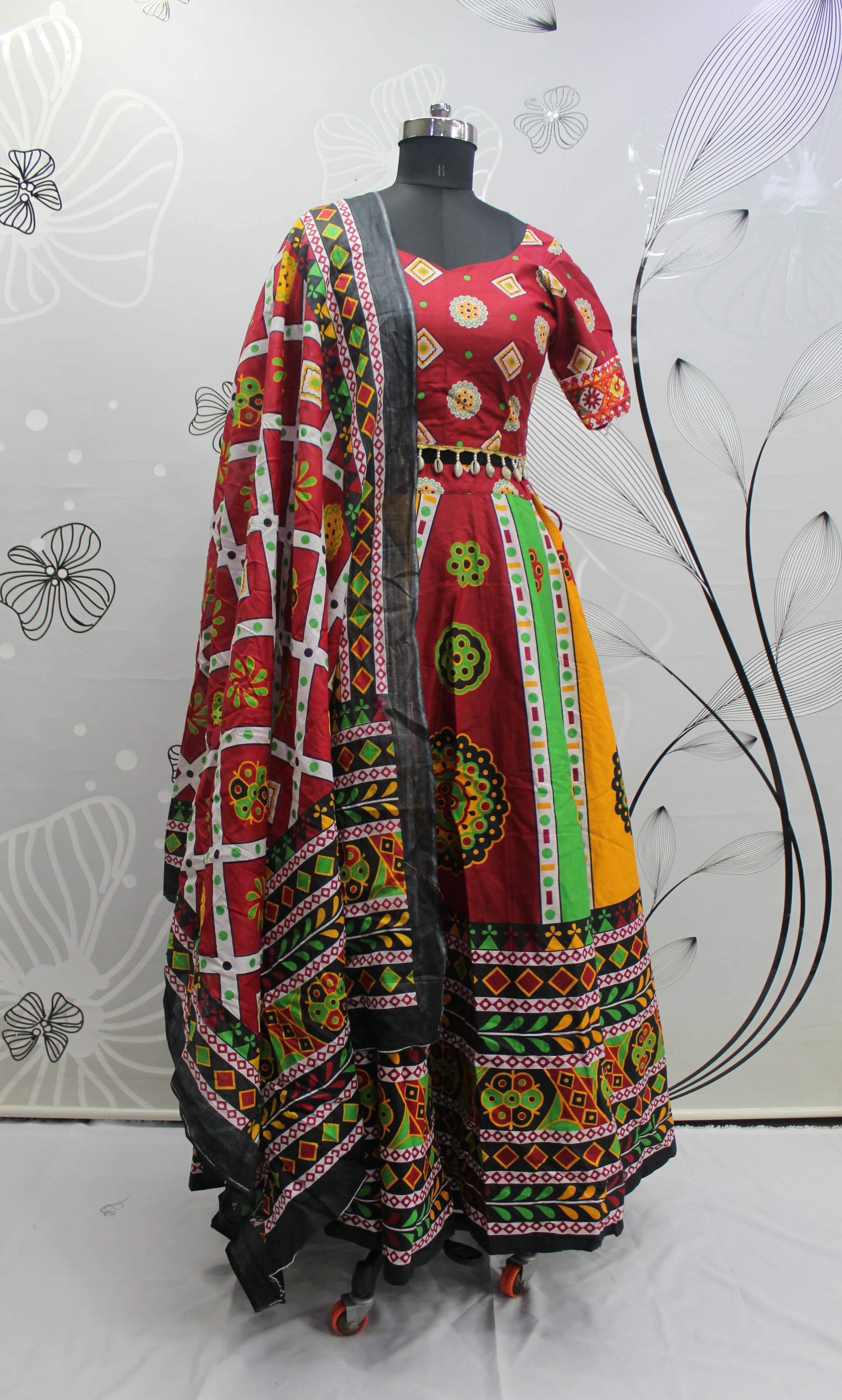 Multi Color Pure Cotton Hand Block Print Navratri Lehenga Choli with Dupatta - Raas | Grocsy