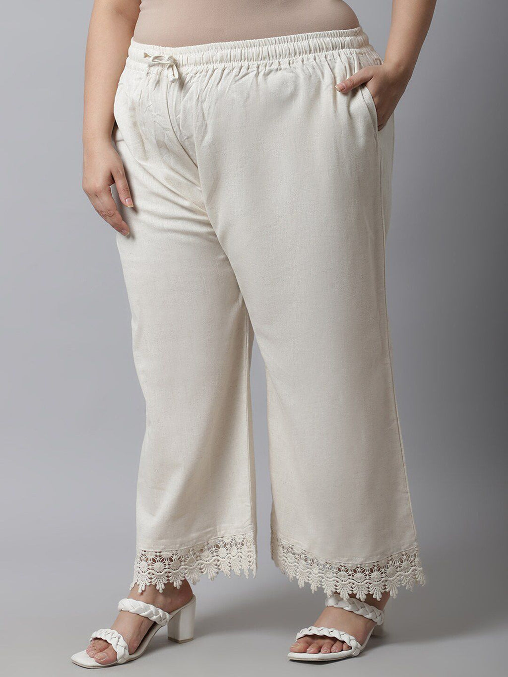 TAG 7 Women Plus Size Cream-Coloured Linen Ethnic Palazzos | Grocsy