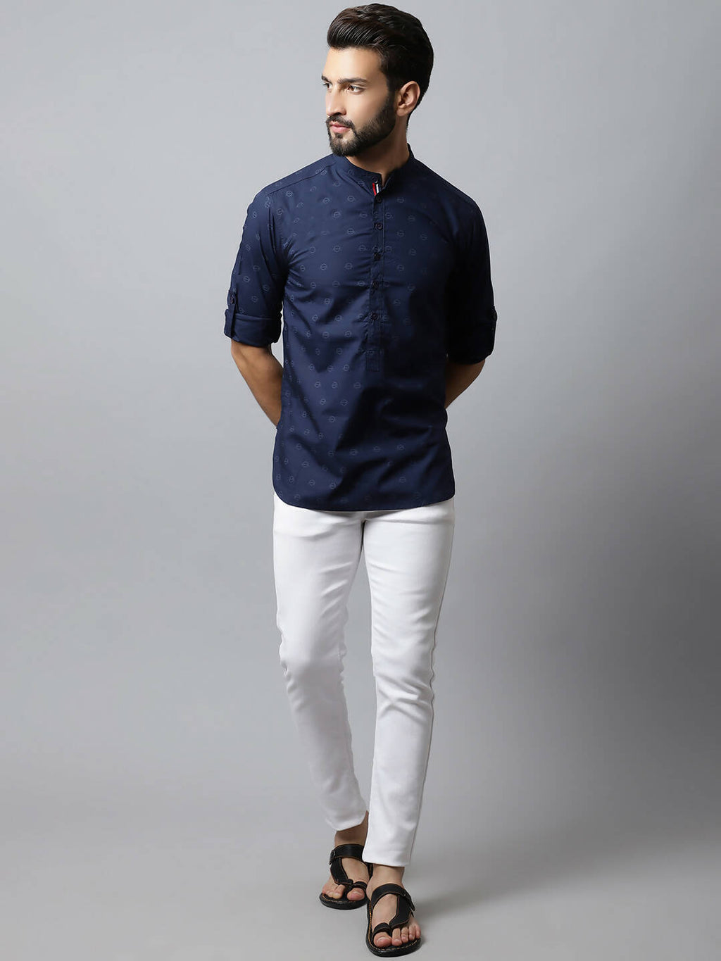 Even Apparels Navy blue Color Pure Cotton Men's Kurta With Band Collar (PRT1184) | Grocsy