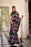 Vastranavya Green Viscose Chanderi Printed with Temple Border Saree & Unstitched Blouse | Grocsy
