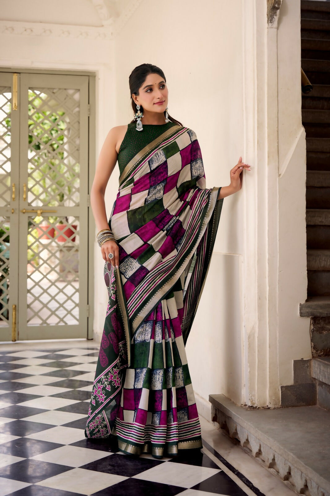 Vastranavya Green Viscose Chanderi Printed with Temple Border Saree & Unstitched Blouse | Grocsy
