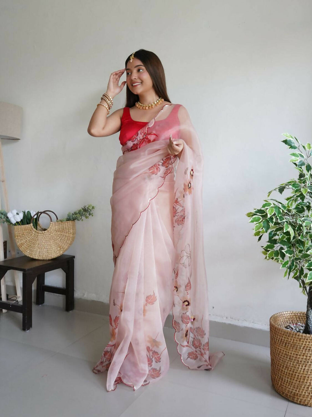 Vamsee Peach Organza Saree | Grocsy