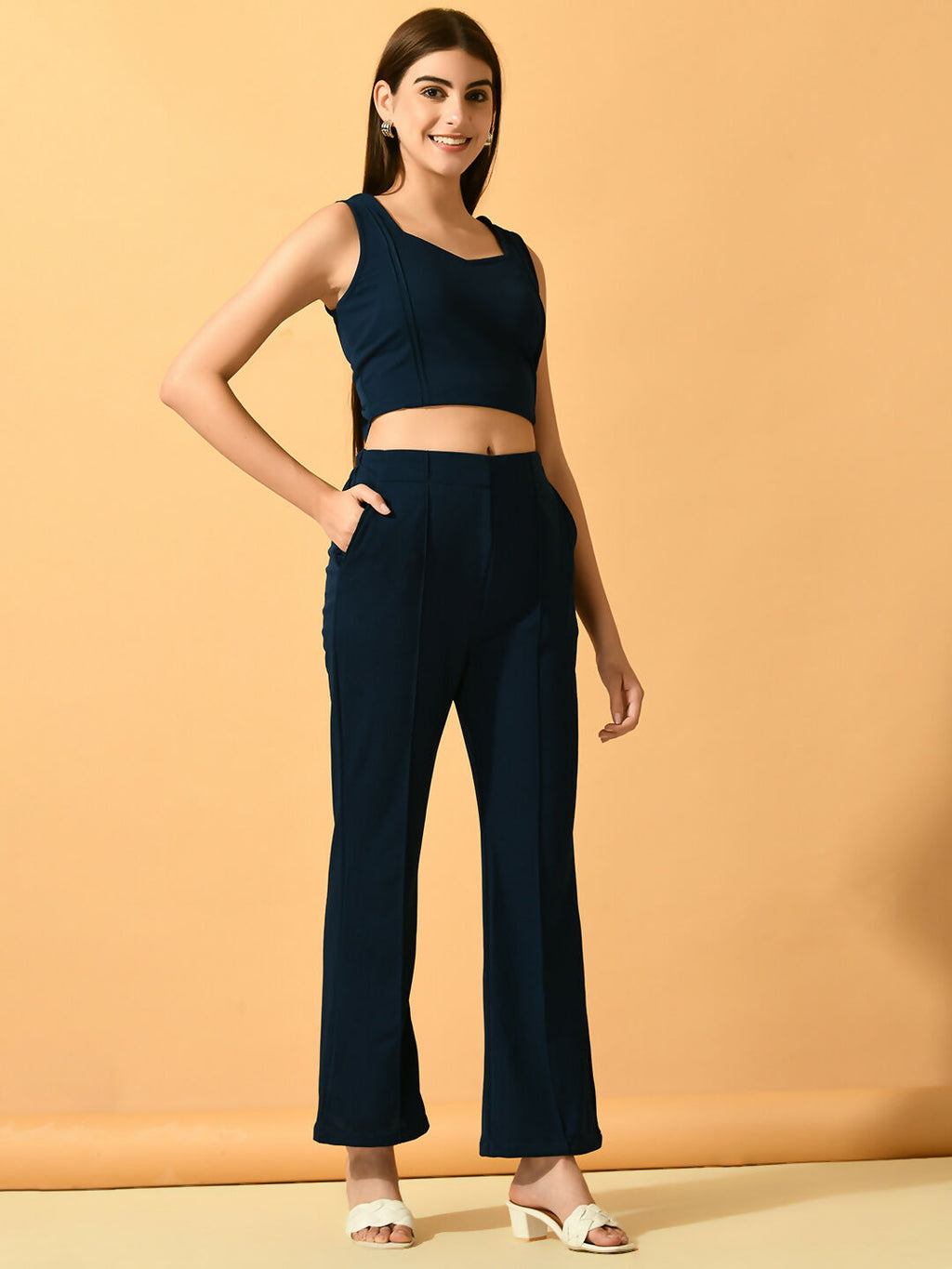 Myshka Women's Navy Blue Solid Top With Trousers | Grocsy