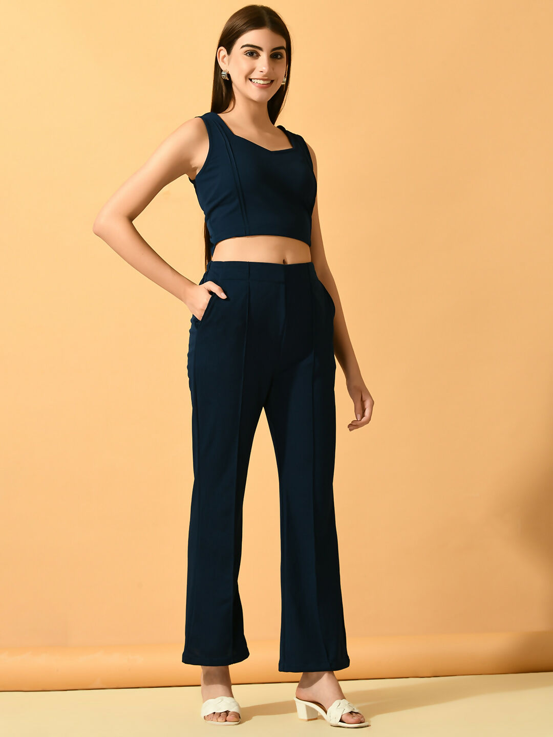 Myshka Women's Navy Blue Solid Top With Trousers | Grocsy