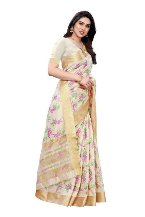 Vamika Cotton Polyester Silk Weaving Cream Saree (KERALA MANSHI) | Grocsy