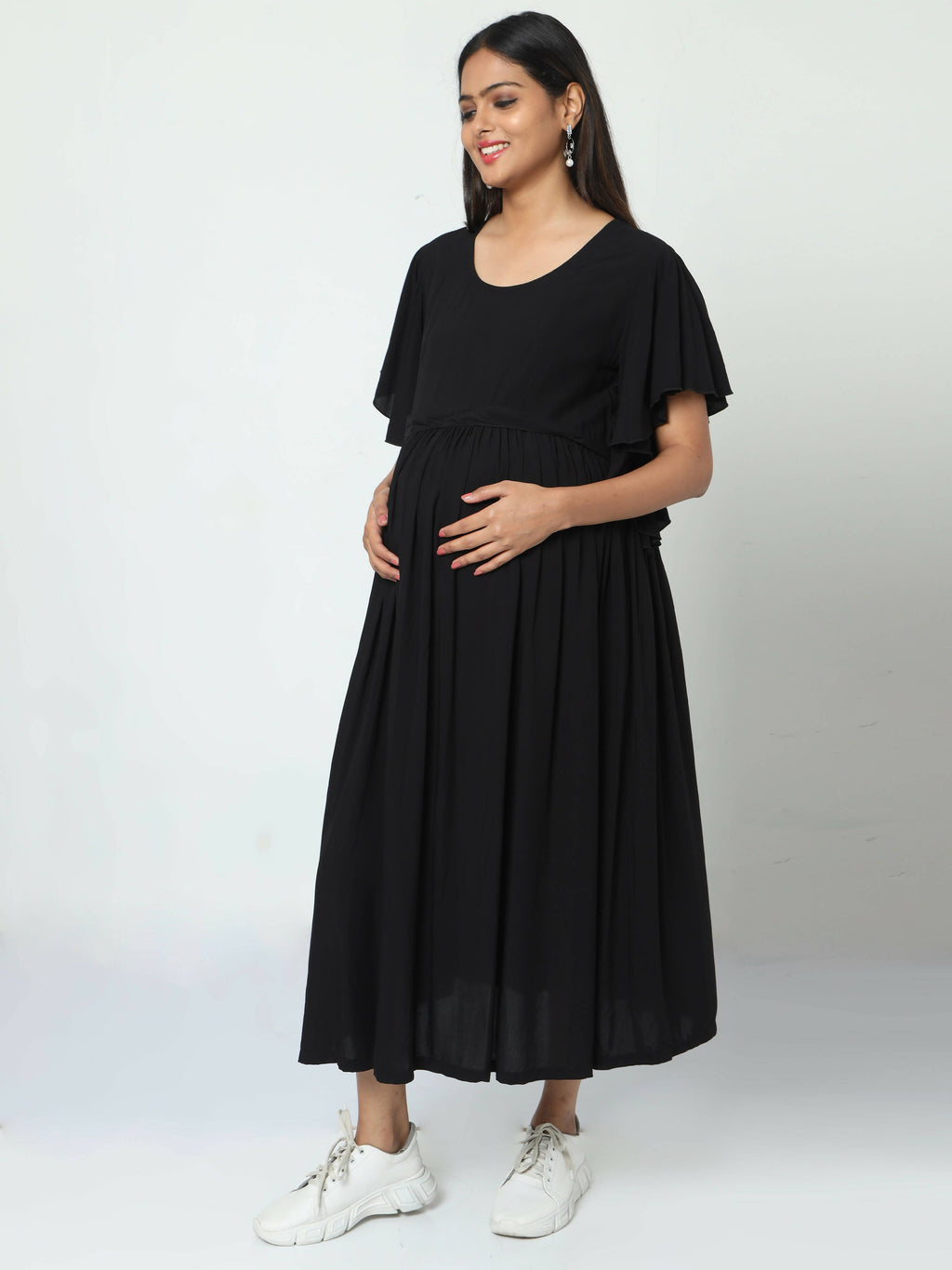 Manet Maternity Frill Slevee Solid Dress With Concealed Zipper Nursing Access - Black | Grocsy