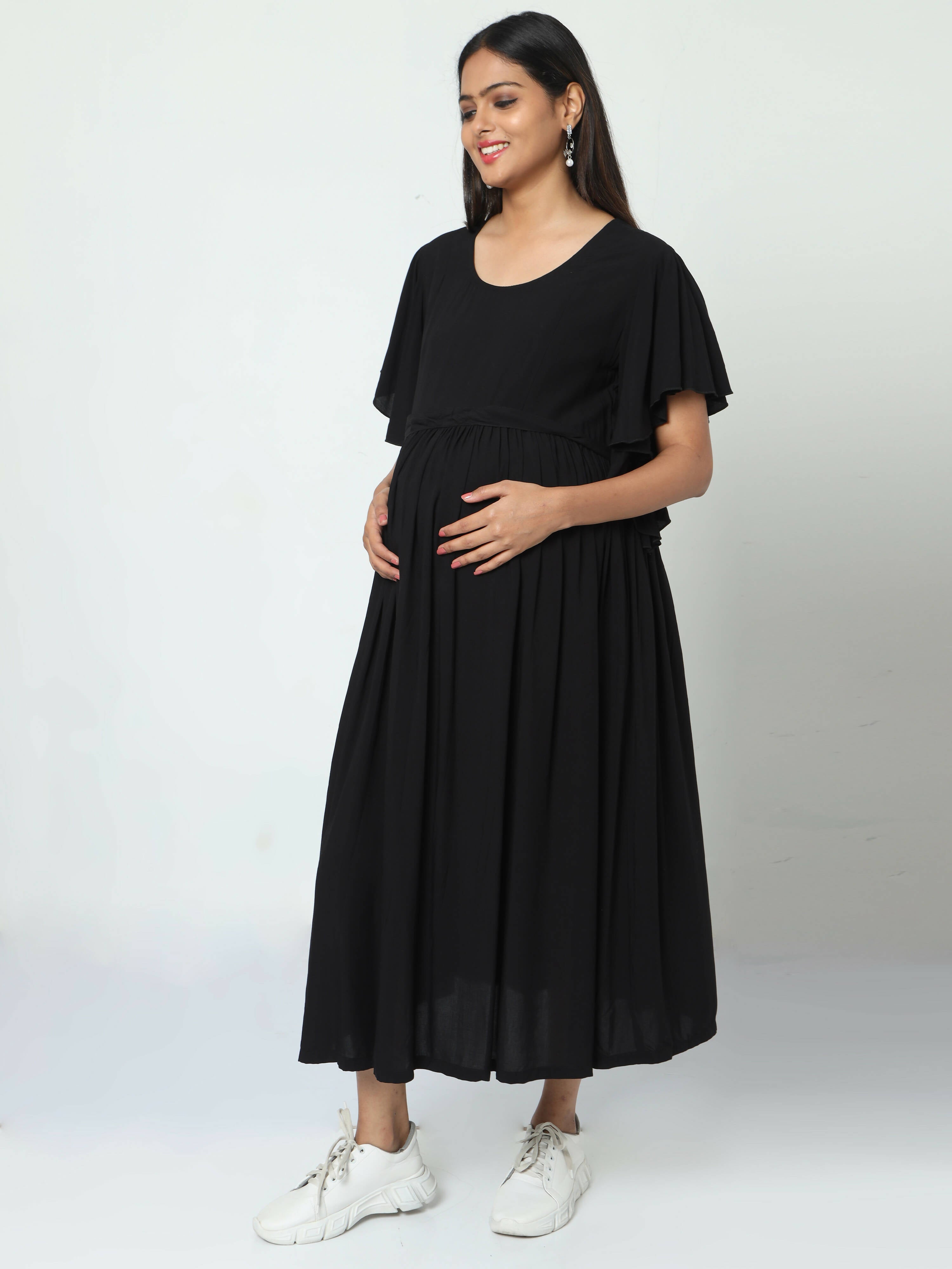 Manet Maternity Frill Slevee Solid Dress With Concealed Zipper Nursing Access - Black | Grocsy