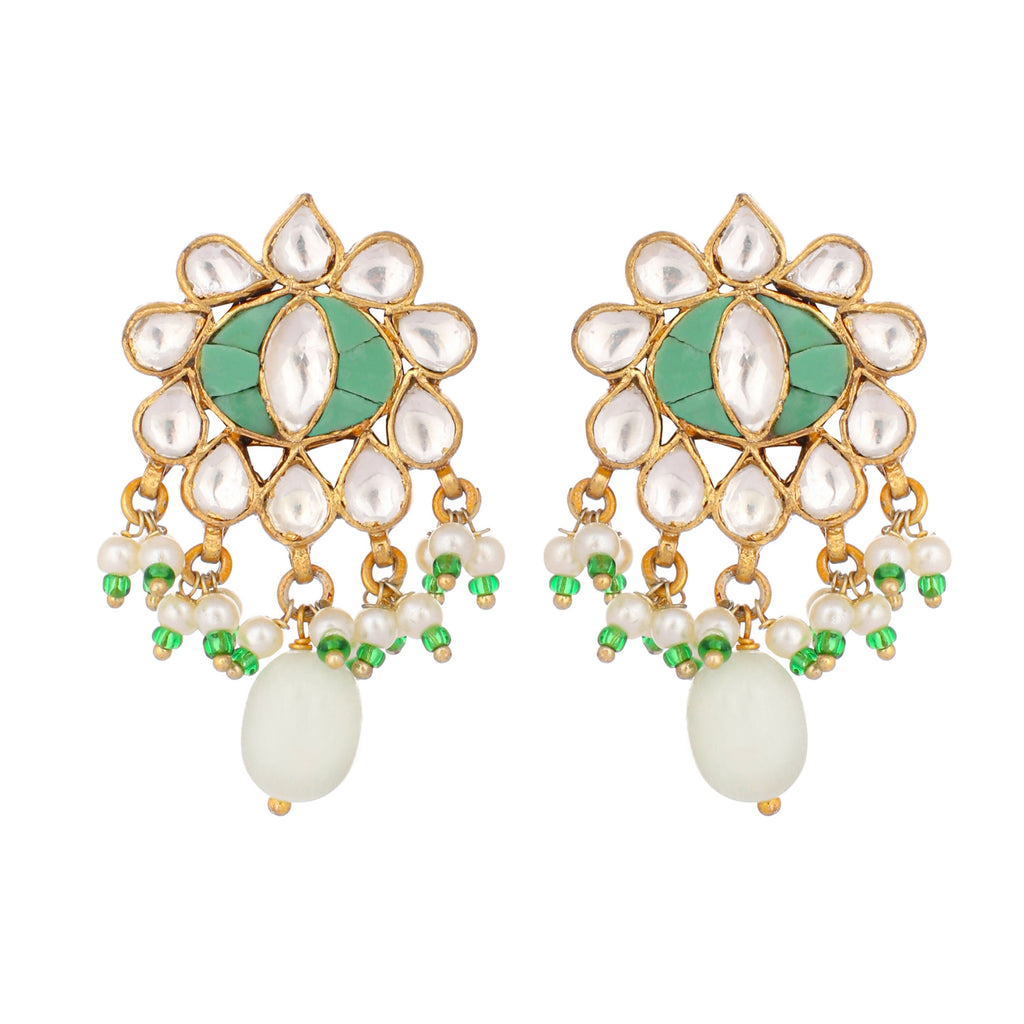 Nuyug 22K Gold Plated Semi Precious Green Stone Studded Pearl Drop Stud Earrings | Grocsy