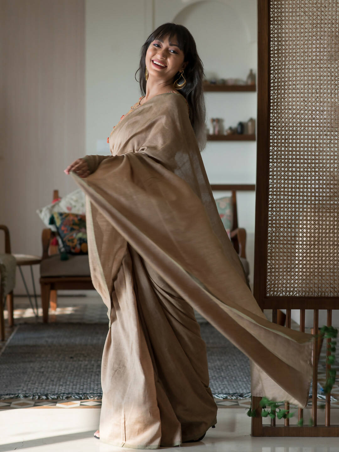 Suta Taupe Solid Cotton Blend Saree | Grocsy