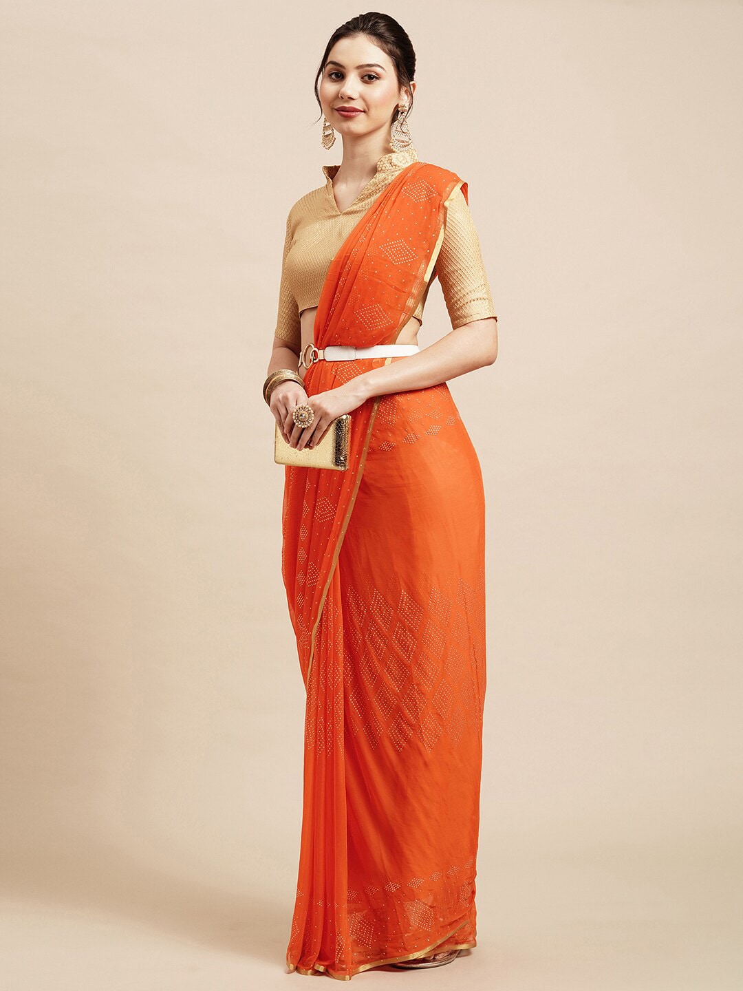 Saree Mall Orange & Gold-Toned Floral Sarees | Grocsy