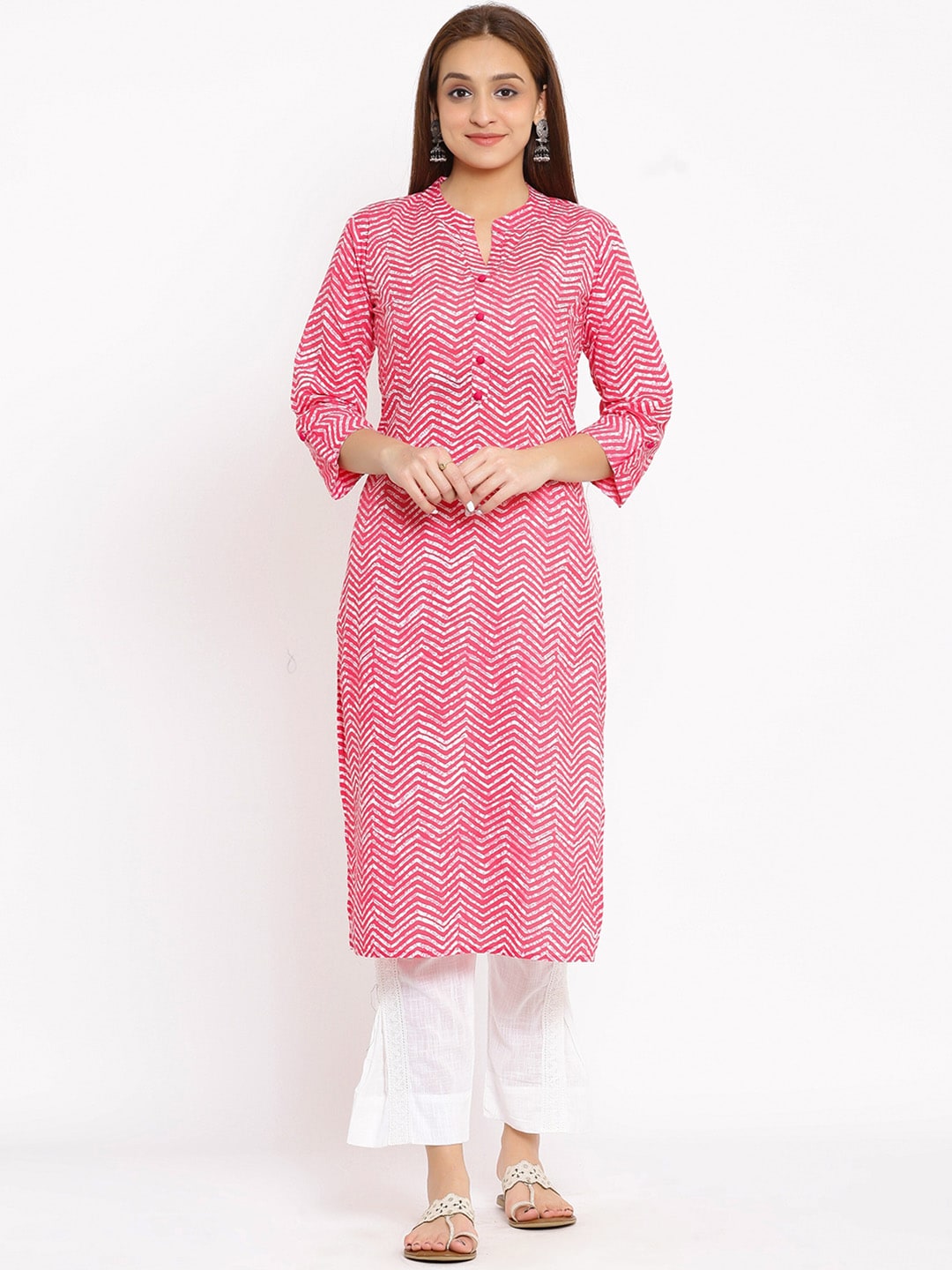 HERE&NOW Pink Chevron Printed Regular Kurta with Trousers | Grocsy