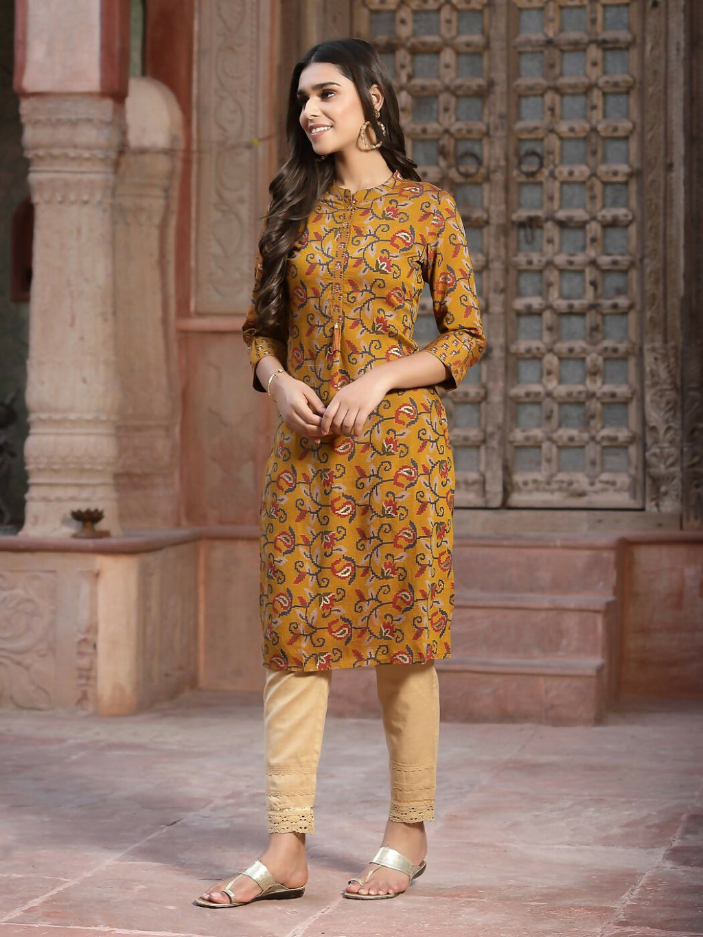 Juniper Mustard Floral Printed Muslin Kurta With Tassels & A Pleat At Front | Grocsy