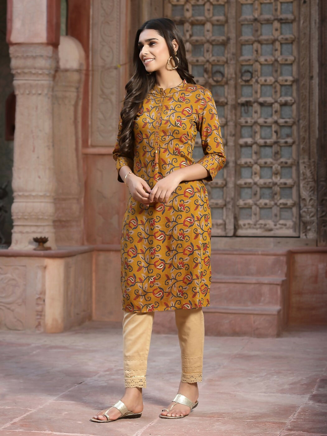 Juniper Mustard Floral Printed Muslin Kurta With Tassels & A Pleat At Front | Grocsy