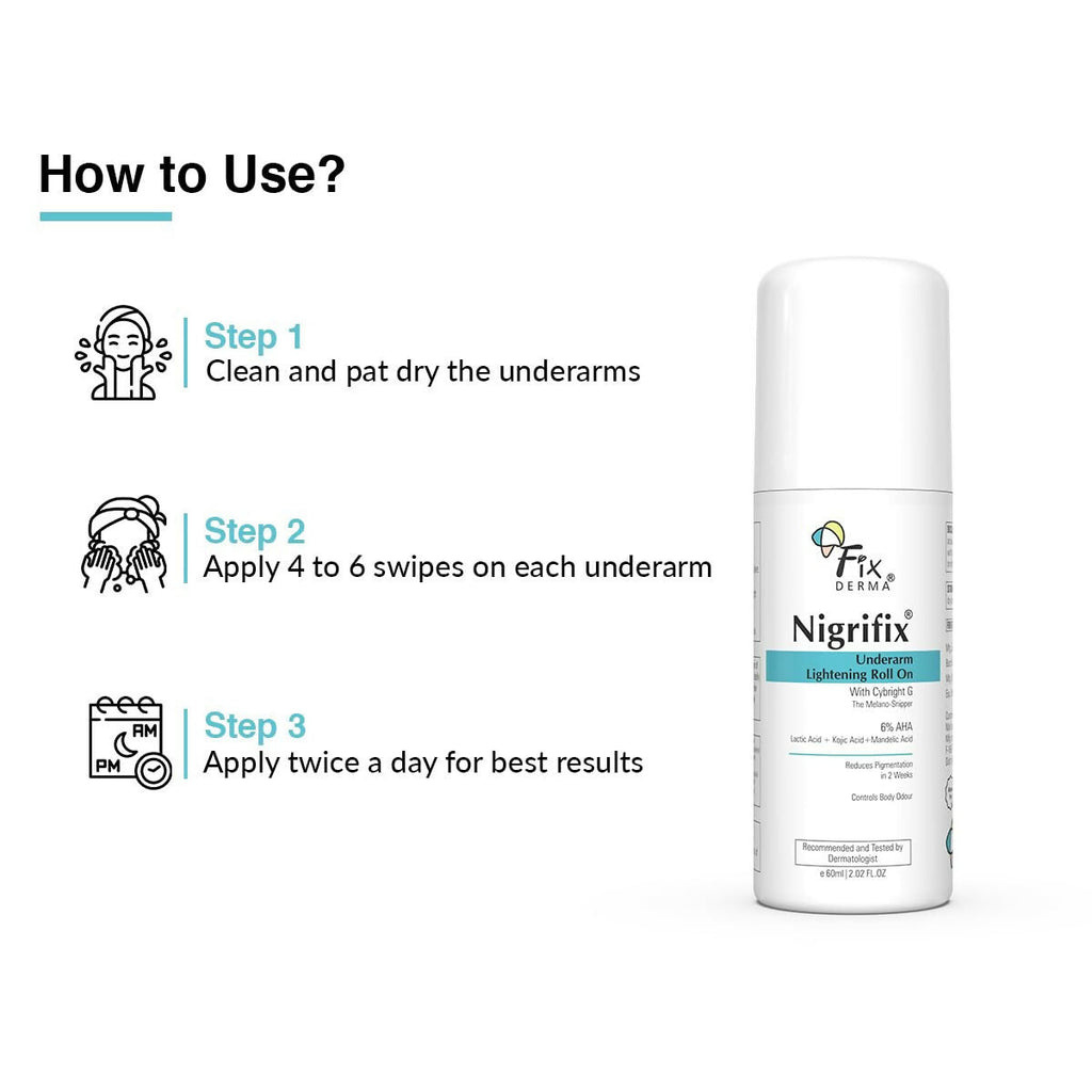 Fixderma Nigrifix Underarm Lightening Roll on with 6% AHA, Lactic Acid & 1% Mandelic Acid, Brightens Skin & Exfoliates Underarm | Grocsy