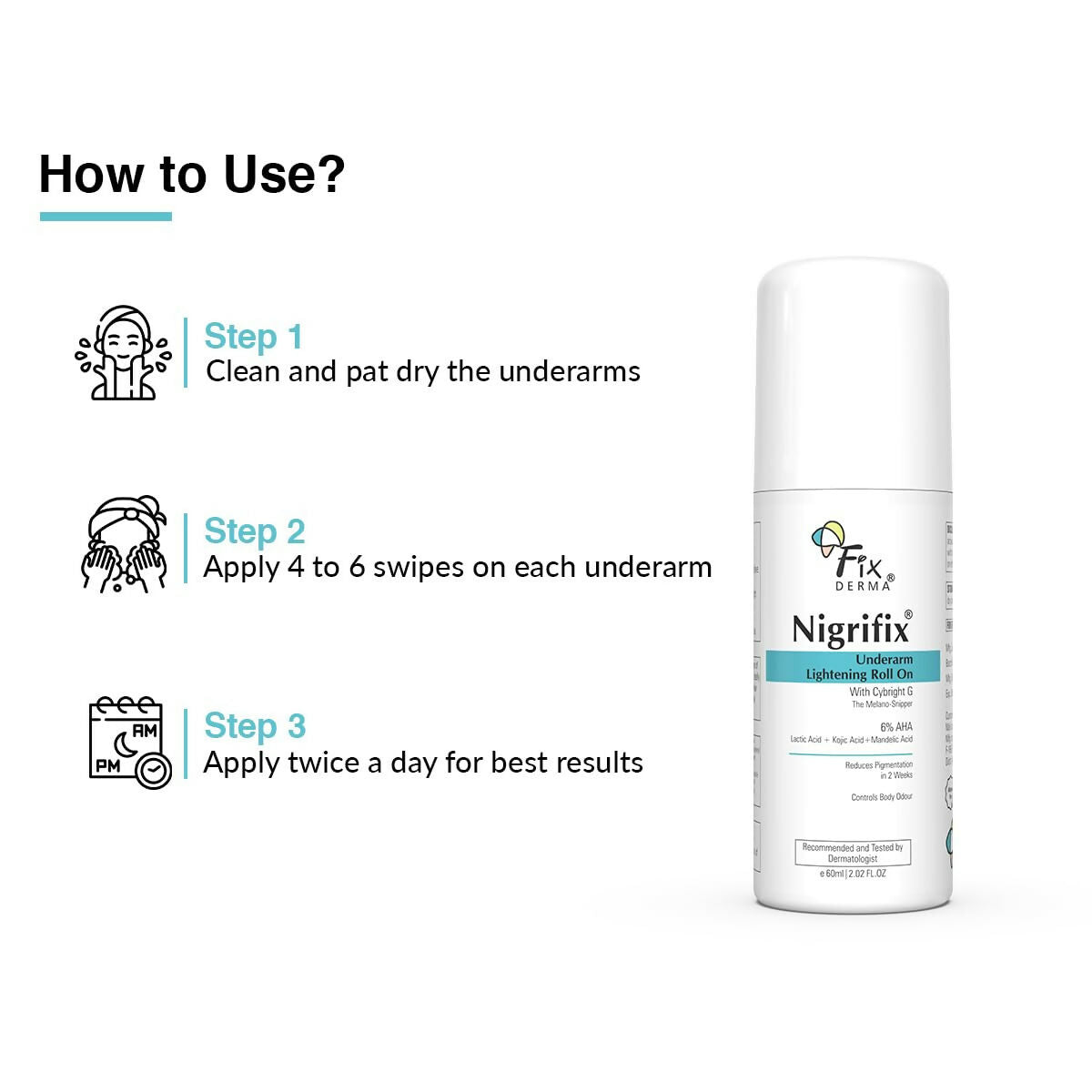 Fixderma Nigrifix Underarm Lightening Roll on with 6% AHA, Lactic Acid & 1% Mandelic Acid, Brightens Skin & Exfoliates Underarm | Grocsy