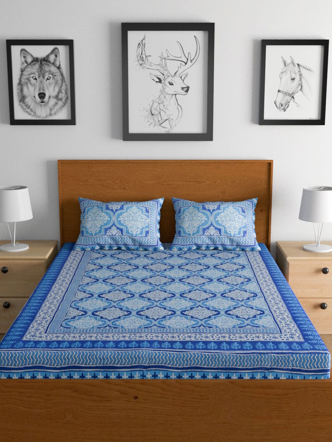Urban Magic Blue Printed Cotton 104 TC King Bedsheet with 2 Pillow Covers | Grocsy