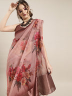 Saree Mall Mauve & Red Organza Block Print Saree | Grocsy