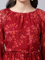 Souchii Maroon Floral Layered Chiffon A-Line Midi Dress | Grocsy