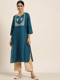 Sangria Women Teal Blue & Golden Ethnic Motifs Embroidered Sequinned Straight Kurta | Grocsy