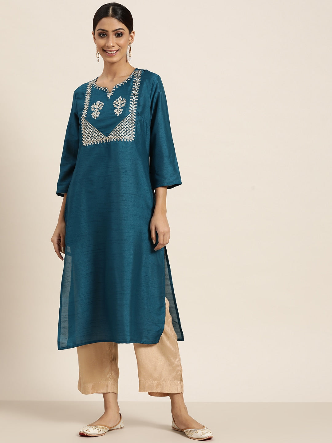 Sangria Women Teal Blue & Golden Ethnic Motifs Embroidered Sequinned Straight Kurta | Grocsy