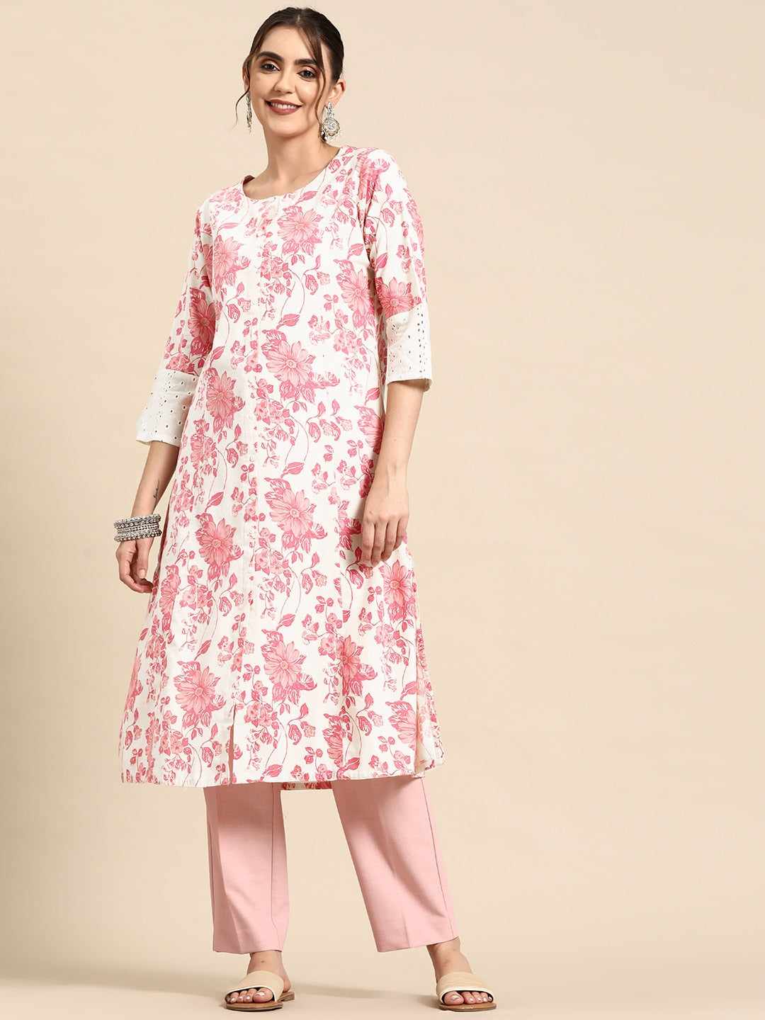Sangria Floral Printed Cotton Slub Kurta | Grocsy