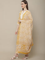 Sangria Women Yellow Printed Pure Cotton Kurti with Trousers & Dupatta Set | Grocsy