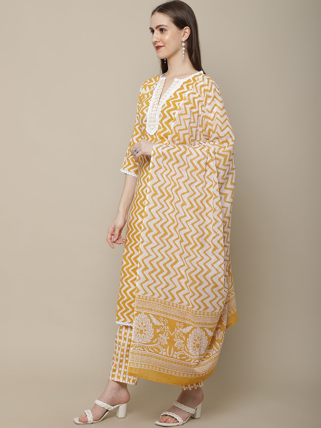 Sangria Women Yellow Printed Pure Cotton Kurti with Trousers & Dupatta Set | Grocsy