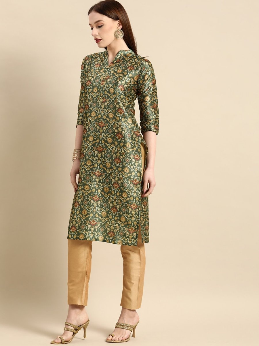 All About You Women Green & Mustard Yellow Ethnic Motifs Print Chanderi Silk Blend Kurta | Grocsy