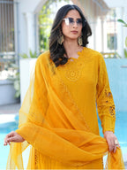 Nikhaar Yellow Embroidered Art Silk Stitched Straight Cut Kurta Pants Dupatta Readymade Suit | Grocsy