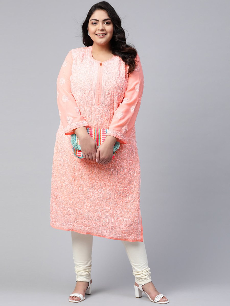 ADA Ada Women Plus Size Peach-Coloured & White Ethnic Motifs Chikankari Georgette Handloom Kurta | Grocsy