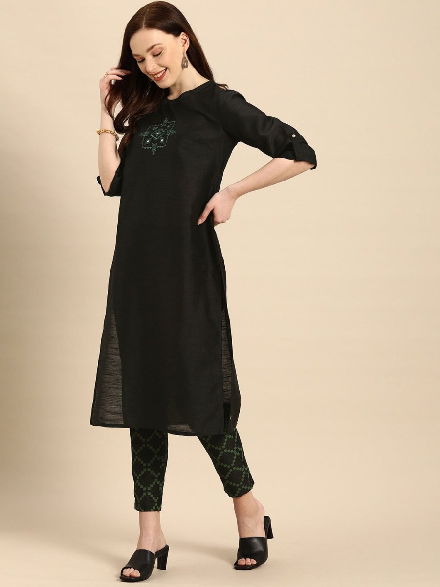 All About You Women Black & Green Embroidered Kurta with Trousers | Grocsy
