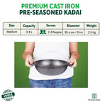The Indus Valley CASTrong Cast Iron Kadai ,Pre-seasoned, Nonstick, 100% Pure, Toxin-free, Induction, Spatula, 25.4 cm, 2.3L, 2.5kg | Grocsy